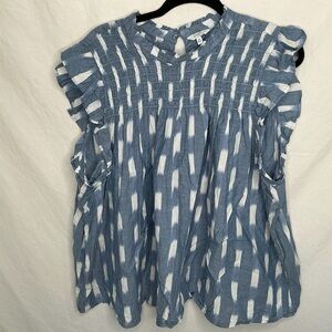 Crown & Ivy Blue White Cotton Smocked Top Sz 4X Ruffle Sleeve Coastal Beach EUC